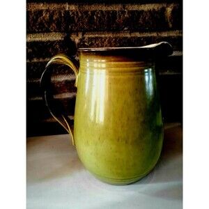 VTG Pottery Vase Pitcher Green Brown Twist Handle SIGNED  8.5" Cottagecore